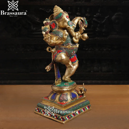 Brass Gem Stone Work Dancing Ganesha Weight 22.9 Kg & Height 24 Inch