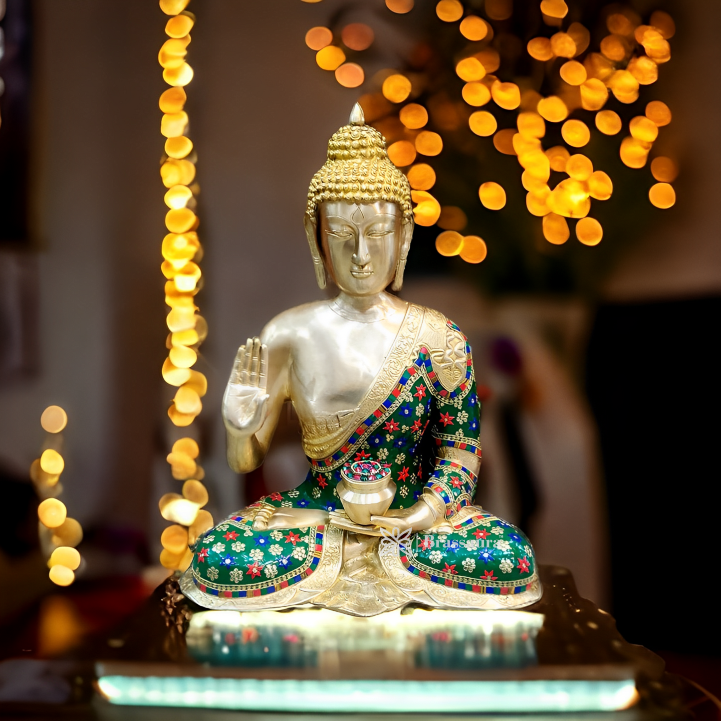 Brassaura™ Large Brass Buddha Idol in Abhaya Mudra with Medicine Bowl – Height 23 Inches | Weight 22 Kgs | Natural Stones & Brass Rings