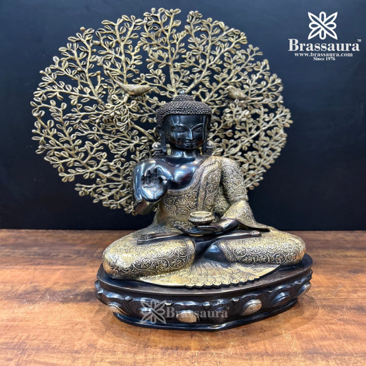 Brassaura™ Brass Buddha With Tree – Height 29 Inches & Weight 32 Kgs | Majestic Brass Masterpiece for Meditation Spaces