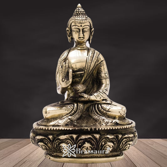 Brassaura® Buddha Sitting in Blessing Mudra Idol with Antique Finish and Base | Pure Superfine Brass Handcrafted Murti | Brass Statue for Home Temple, Pooja Room | Height 5.5 Inches | Weight 0.9 Kg