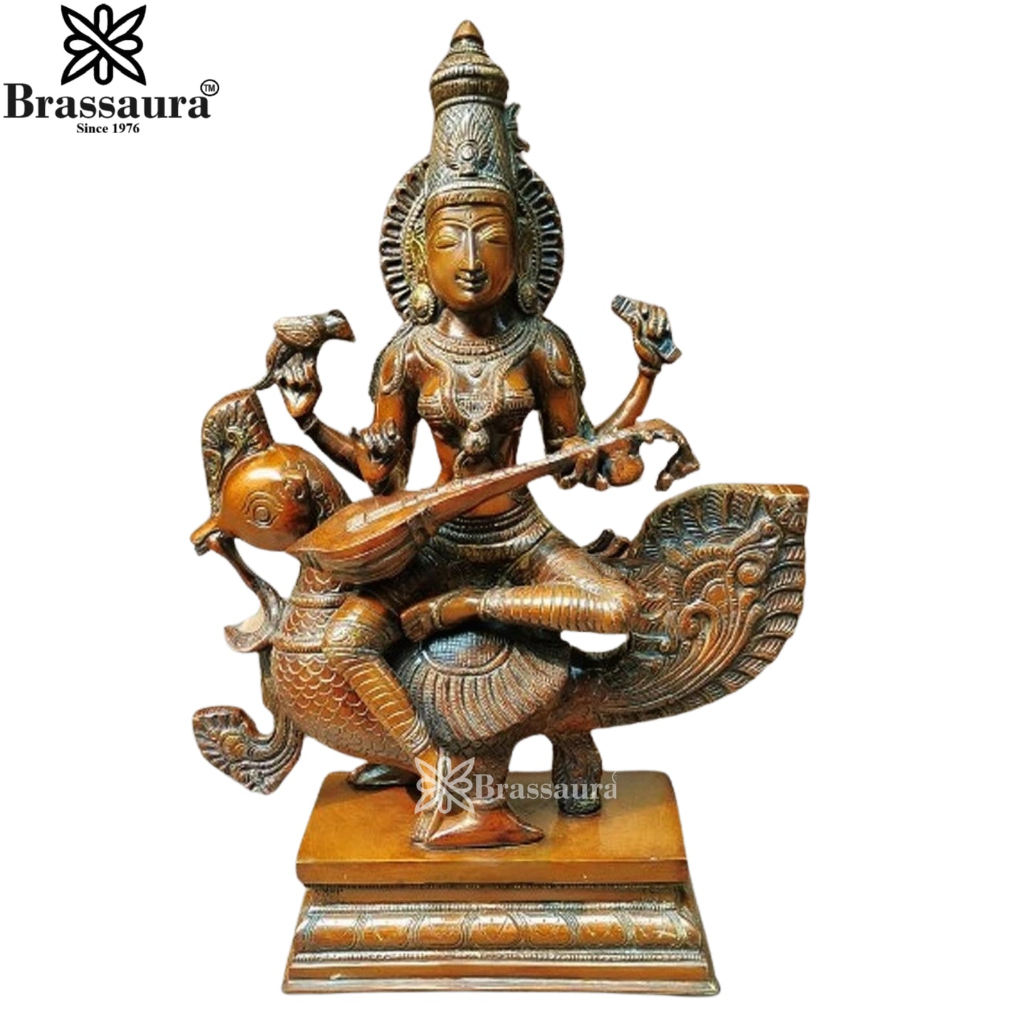 Brassaura™ Brass Saraswati Mata Murti – Height 19 Inches & Weight 15 Kgs | Puja & Worship Idol