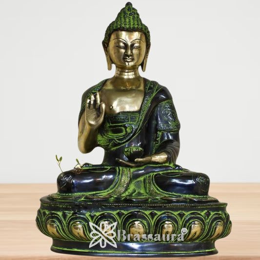Brassaura® Vintage Buddha Idol for Home & Décor | Pure Superfine Brass Handcrafted Murti, Brass Statue for Home Temple, Pooja Room | Height 17 Inches | Weight 11 Kg
