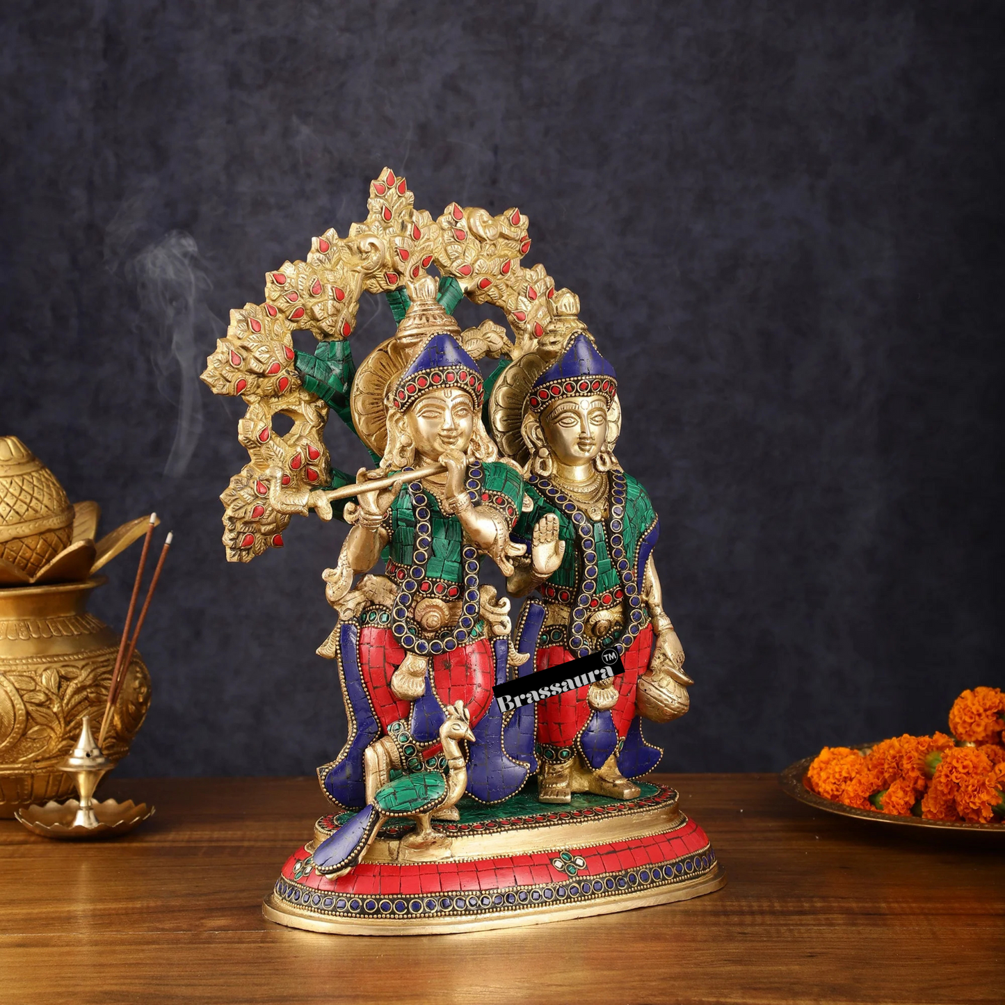 Brassaura™ Pure Superfine Brass Radha Krishna Idol Pair with Kalpavriksha & Peacock – Height 14 Inches & Weight 8.5 Kgs | Elegant Devotional Statue