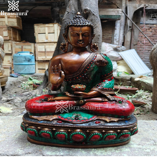 Brass Blessing Gem Stone Work Buddha Weight 16.4 kg & Height 19 Inch
