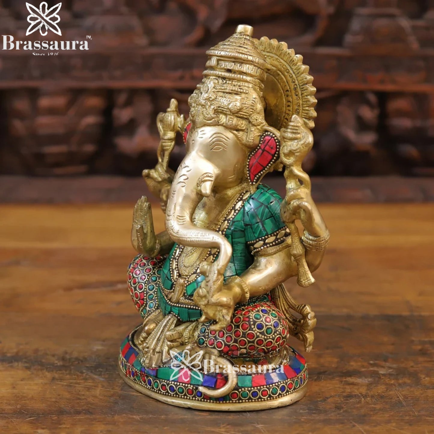 Brass Gem Stone Work Ganesha Weight 4.14 Kg & Height 9.5 Inch