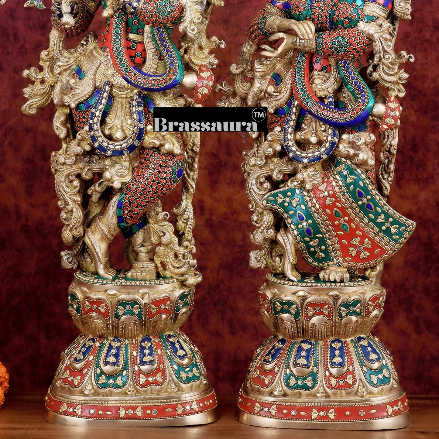 Brassaura™ Handmade Brass Radha Krishna Idol Pair with Meenakari – Height 30 & 29 Inches & Weight 35 Kgs | Elegant Devotional Statues
