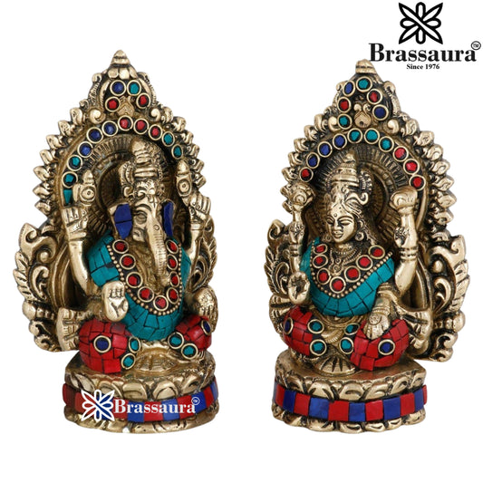 Brassaura® Gemstone Work Lakshmi Ganesha Idol | Pure Superfine Brass Handcrafted Murti | Brass Statue for Home Temple, Pooja Room | Height 5.5 Inches | Weight 1.8 Kgs