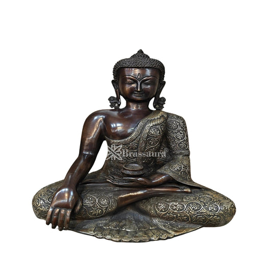 Brassaura® Buddha Bhumisparsha Mudra Sitting Idol with Antique Black & Silver Finish | Pure Superfine Brass Handcrafted Murti | Brass Statue for Home Temple, Pooja Room | Height 17 Inches | Weight 14.5 Kgs