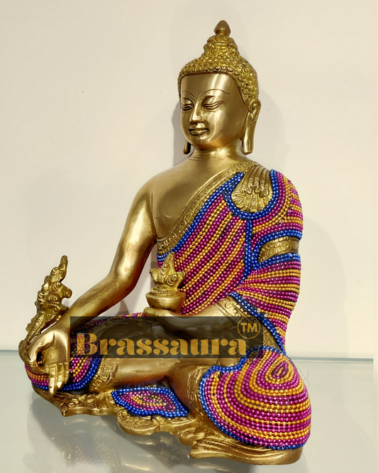 Brassaura™ Brass Premium Gem Stone Work Buddha Idol – Height 10.5 Inches & Weight 5 Kgs