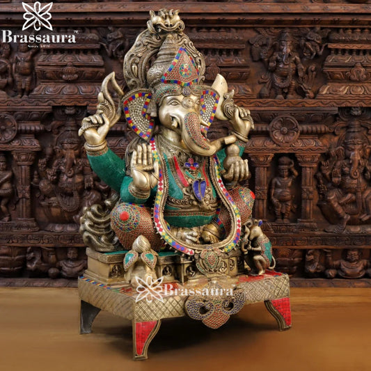 Brass Gem Stone Work Jewellery Ganesha Weight 61.5 Kg & Height 34 Inch