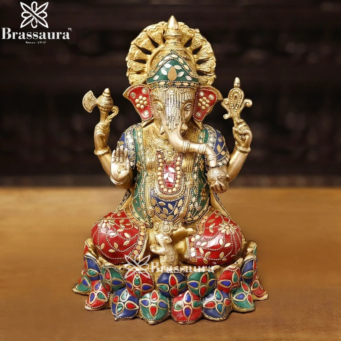 Brass Gem Stone Work Lotus Ganesha Weight 6.4 Kg & Height 12 Inch