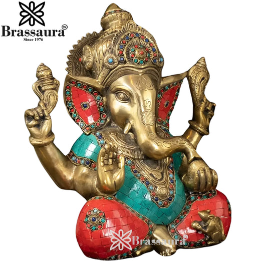 Brassaura Brass Gem Stone Work Ganesha Idol | Height 12 Inches