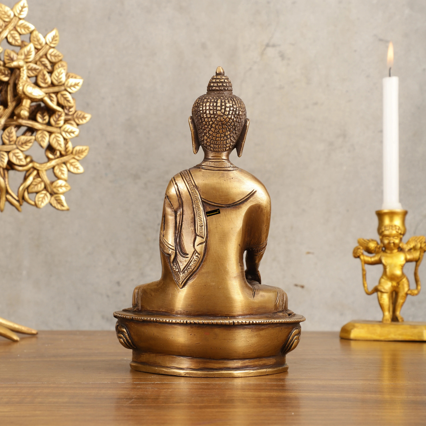 Brassaura™ Pure Brass Buddha Statue in Antique Burnt Finish – Height 8 Inches, Weight 1.66 Kgs