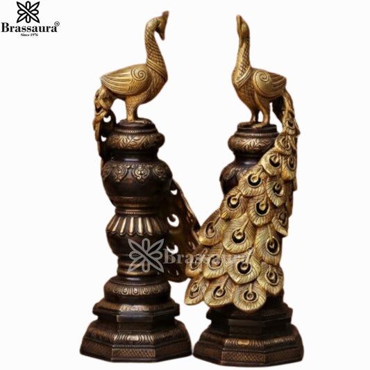 Brassaura® Pair of Brass Peacock Décor Showpieces | Handcrafted Vintage Finish Sculptures | Height 19 Inches & Weight 14.5 Kgs