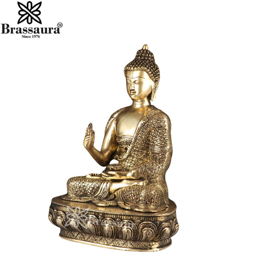 Brassaura® Buddha Sitting in Blessing Mudra Idol with Intricate Floral Robe Detailing and Antique Gold Finish | Pure Superfine Brass Handcrafted Murti | Brass Statue for Home Temple, Pooja Room | Height 16 Inches | Weight 11.6 Kgs
