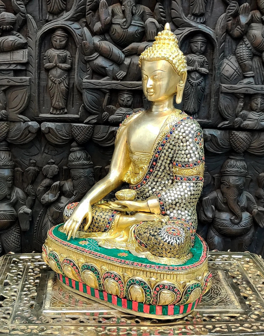Brassaura® Buddha Sitting in Bhumisparsha Mudra with Medicine Bowl & Multicolor Stonework | Pure Superfine Brass Handcrafted Murti | Brass Statue for Home Temple, Pooja Room | Height 16 Inches | Weight 11 Kgs