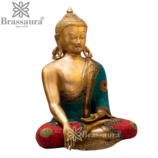 Brass Bhumisprasa Gem Stone Work Buddha Weight 6.5 kg & Height 13 Inch