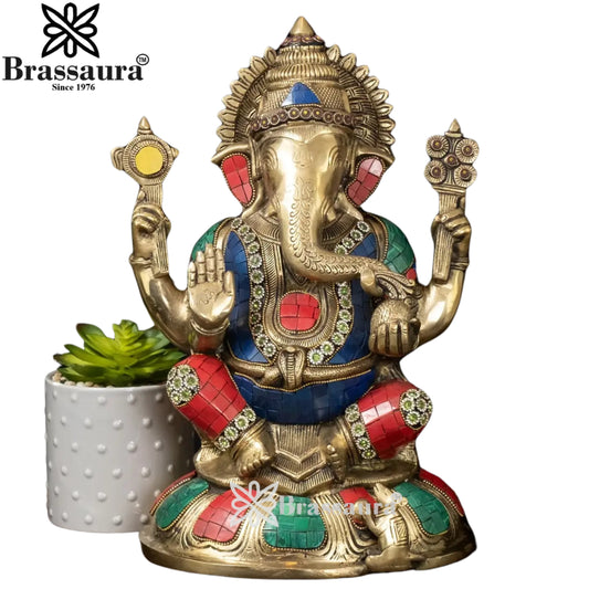 Brassaura™ Brass Gem Stone Work Ganesha Idol | Height 13.75 Inches & Weight 8.96 Kgs