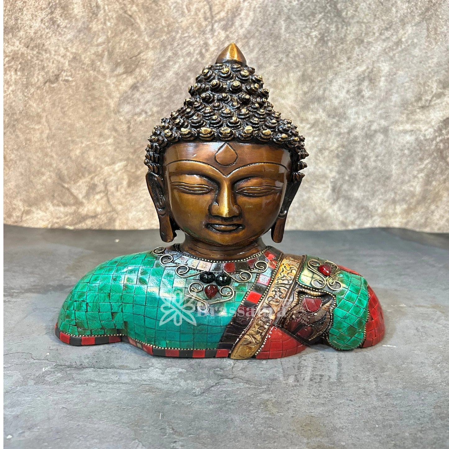 Brass Head Gem Stone Work Buddha Weight 3.4 kg & Height 10.5 Inch