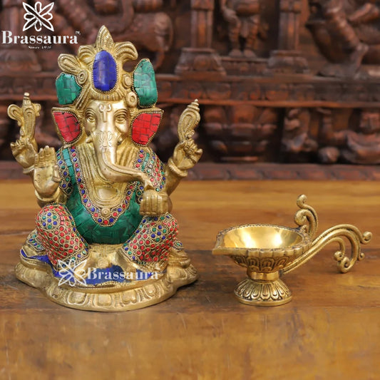 Brass Gem Stone Work Ganesha Weight 6 Kg & Height 11 Inch