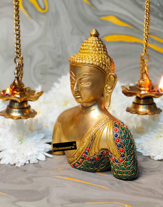 Brassaura™ Brass Buddha Bust with Natural Stones – Height 8 Inches, Weight 2 Kgs