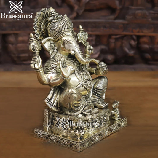 Brass Silver Patina Ganesha Weight 6.64 Kg & Height 10 Inch