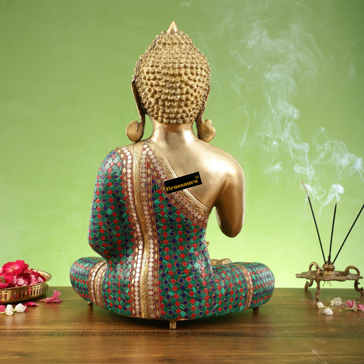 Brassaura® Gautama Buddha Sitting in Abhayamudra Aashirwaad Pose with Medicine Bowl & Multicolour Detailing | Pure Superfine Brass Handcrafted Murti | Brass Statue for Home Temple, Pooja Room | Height 20 Inches | Weight 20 Kgs