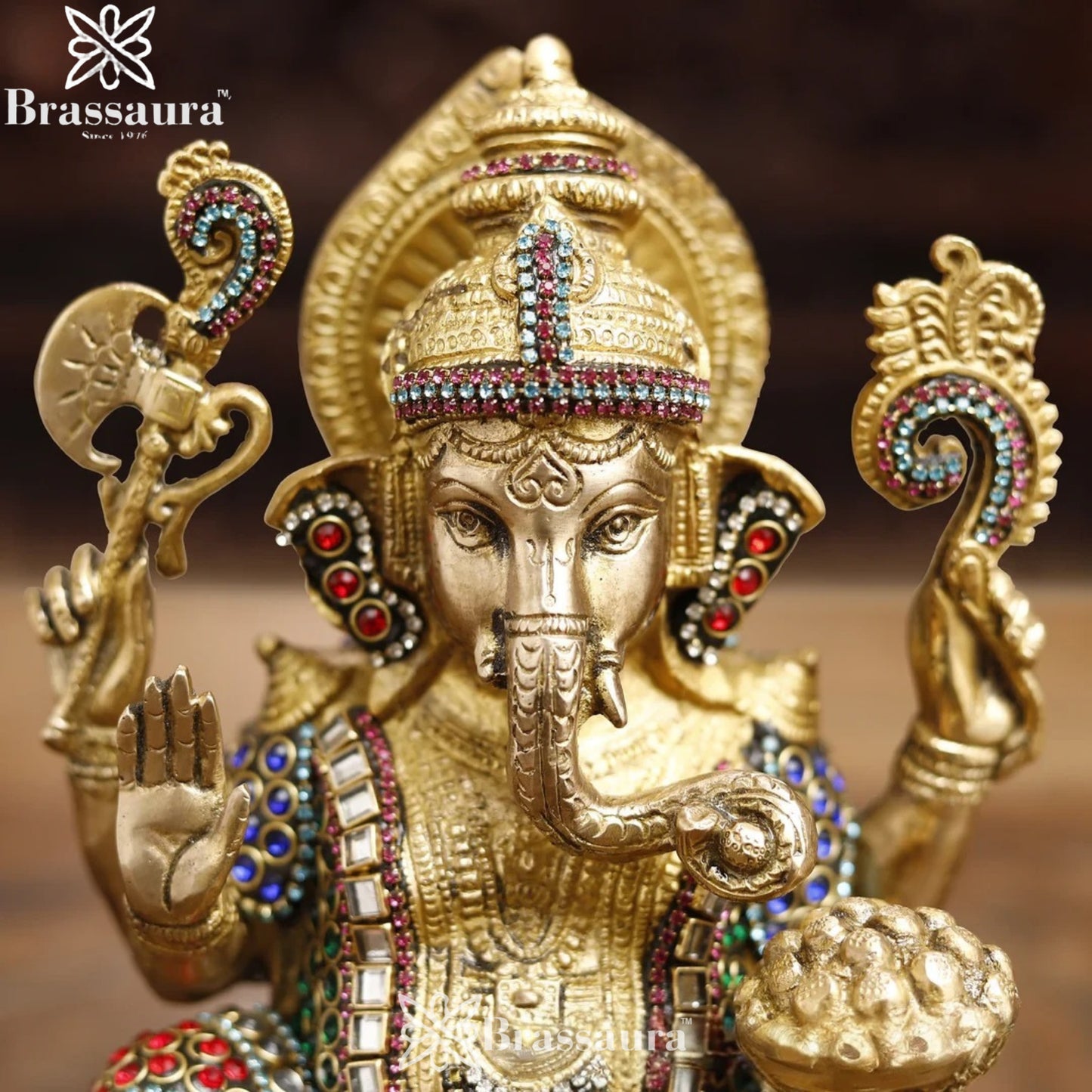 Brass Gem Stone Work Ganesha Weight 5.5 Kg & Height 9.5 Inch
