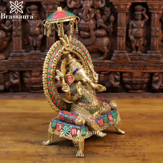 Brass Ring Gem Stone Work Ganesha Weight 9.2 Kg & Height 17.5 Inch