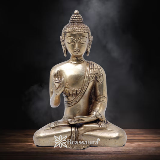 Brassaura® Buddha Sitting in Blessing Mudra Idol with Antique Finish | Pure Superfine Brass Handcrafted Murti | Brass Statue for Home Temple, Pooja Room | Height 6 Inches | Weight 1 Kg