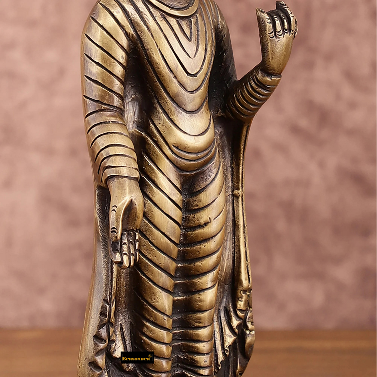 Brassaura™ Pure Brass Standing Buddha Idol – Height 9 Inches, Weight 1.5 Kgs