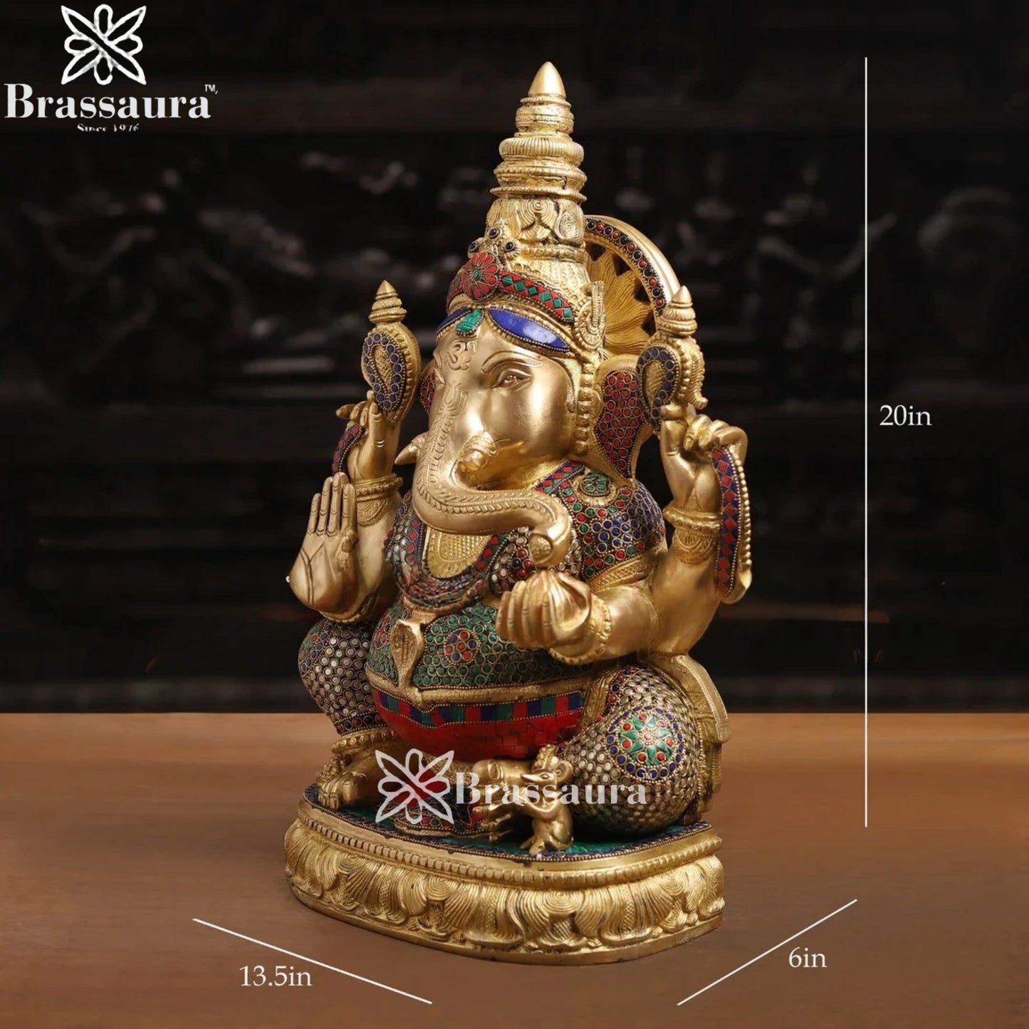 Brass Gem Stone Work Ganesha Weight 22.8 Kg & Height 20 Inch