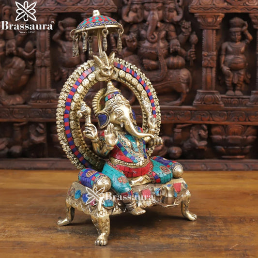 Brass Gem Stone Work Ring Ganesha Weight 9 Kg & Height 18 Inch