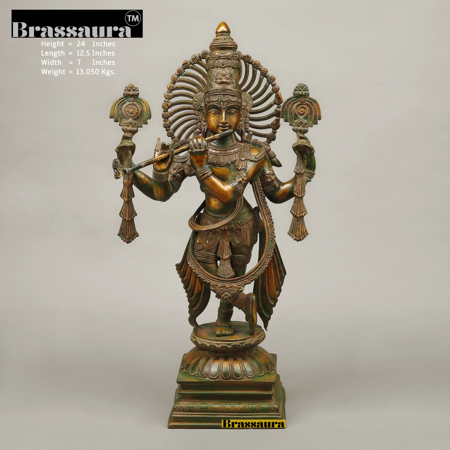 BrassAura™ Brass Krishna Playing Flute – Multi-Color Finish | Height 24 Inch | Weight 13.05 Kg