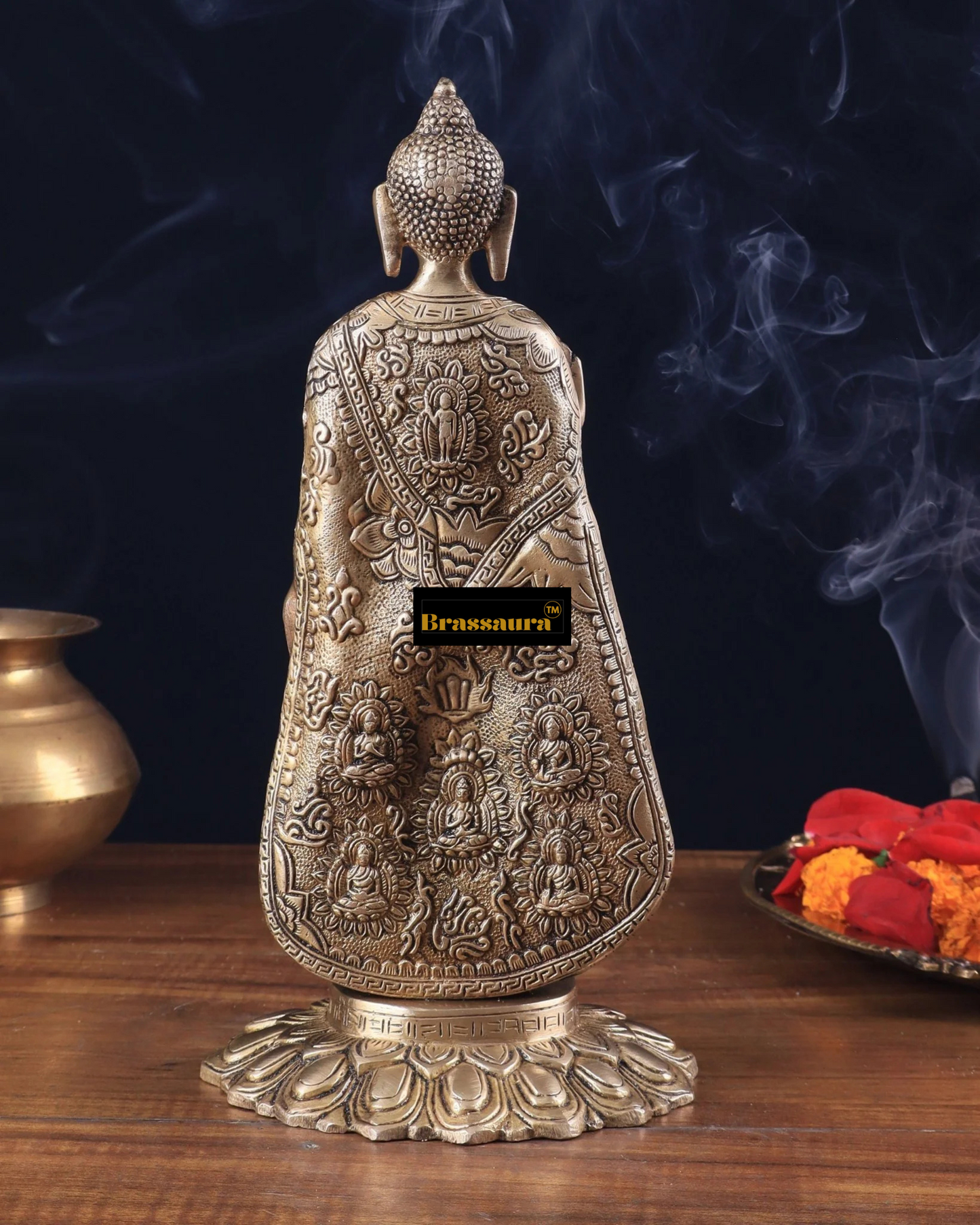 Brassaura™ Pure Brass Standing Buddha Idol – Height 11 Inches, Weight 2.7 Kgs