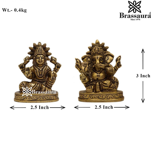 Brassaura® Lakshmi Ganesha Brass Idol Pair | Traditional Handcrafted Mini Murti Set | Height 3 Inches