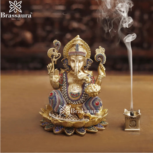Brass Gem Stone Work Ganesha Weight 5.4 Kg & Height 9.5 Inch