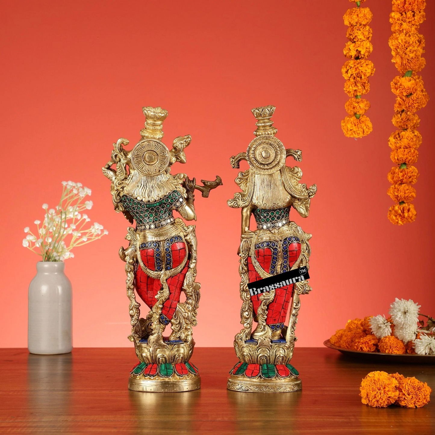 Brassaura™ Handcrafted Brass Radha Krishna Statue with Natural Stones – Height 14 Inches & Weight 8.5 Kgs | Elegant Devotional Idol