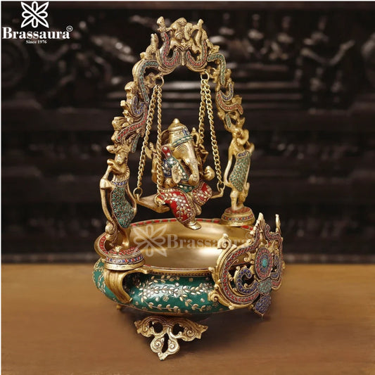 Brass Gem Stone Work Ganesha Urli Statue Weight 12.08 Kg And Height 20 Inch