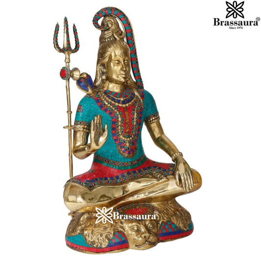 Brassaura™ Brass Gem Stone Work Lord Shiva Murti – Height 24 Inches & Weight 18.5 Kgs | Devotional Home Décor
