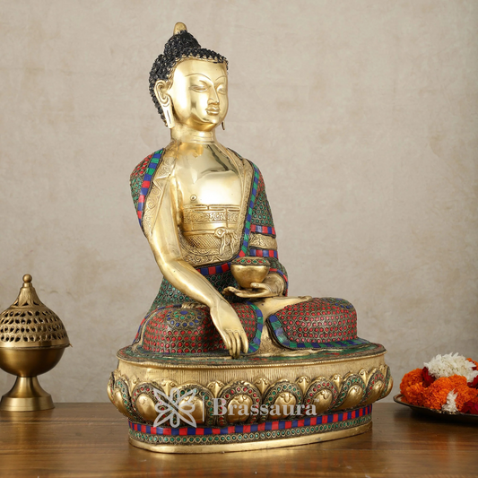 Brassaura™ Brass Buddha Statue in Bhoomisparsha Mudra with Medicine Bowl – Height 21.5 Inches, Weight 22 Kgs