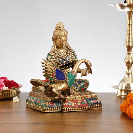 Brassaura™ Brass Buddha Healing the Swan Statue – Height 9 Inches | Weight 5 Kgs | Meenakari & Stonework