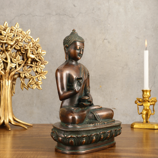 Brassaura™ Pure Brass Buddha Blessing Mudra Statue in Antique Tone – Height 10 Inches, Weight 3.61 Kgs