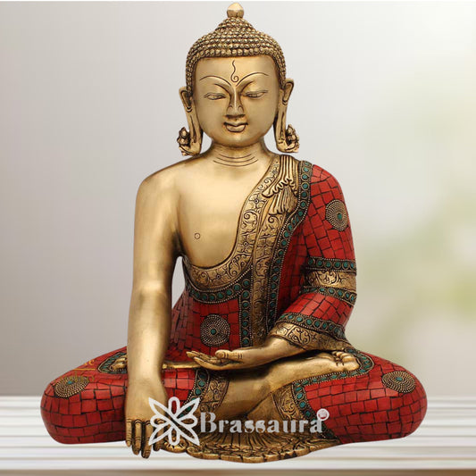 Brassaura® Artistic Gem Stone Work Buddha Idol for Home & Décor | Pure Superfine Brass Handcrafted Murti, Brass Statue for Home Temple, Pooja Room | Height 15 Inches | Weight 11 Kg