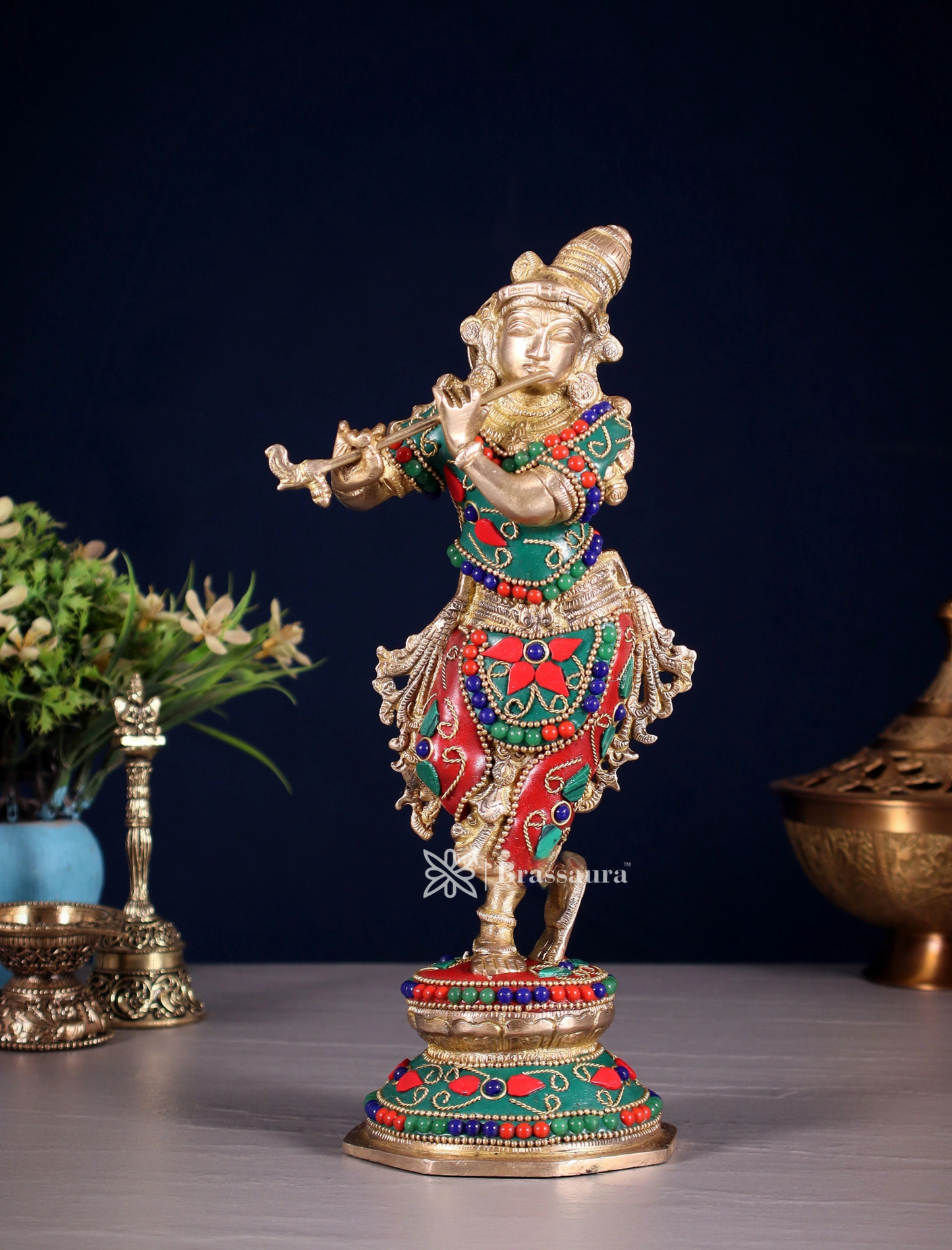 BrassAura™ Unique Brass Krishna Statue – Floral Stonework Design | Height 9.5 Inch | Weight 2 Kg