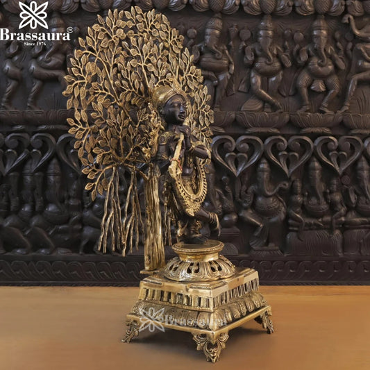 Brassaura™ Brass Krishna With Tree – Height 32 Inches & Weight 20.64 Kgs | Graceful Flute-Playing Krishna Idol for Temple & Home Décor