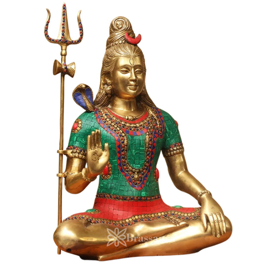 Brassaura™ Gemstone Decorated Brass Lord Shiva Statue – Height 20 Inches & 12.4 Kgs | Spiritual Home Accent