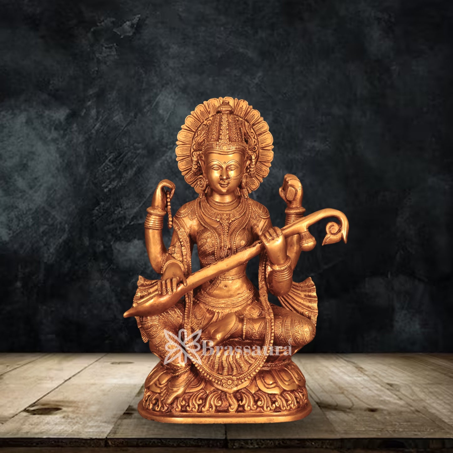 Brassaura™ Brass Saraswati Statue – Height 17 Inches & Weight 12.4 Kgs | Home Temple Décor