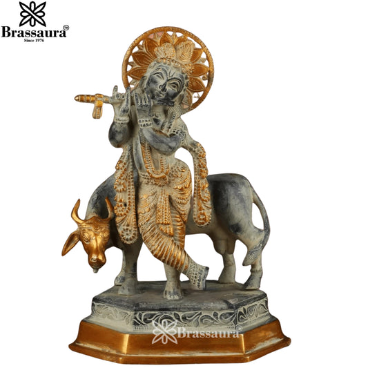 Brass Cow Krishna Murti Weight 4.7 Kg And Height 11.5 Inch