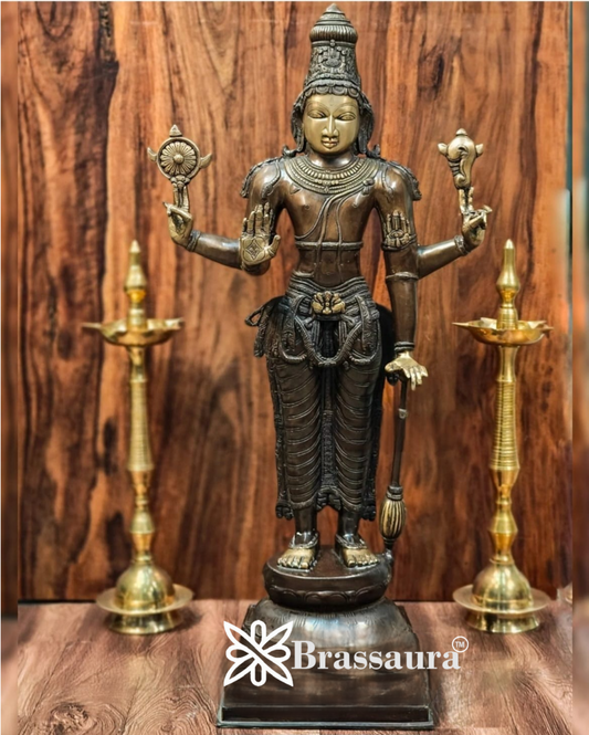 Brassaura™ Superfine Brass Lord Vishnu Statue | 38 Inch Height | 27 KG Weight | Antique Bronze Patina Finish
